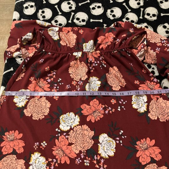 LOFT Burgundy peach black floral print long sleeve v-neck dress ~ SMALL MEDIUM - Picture 11 of 14